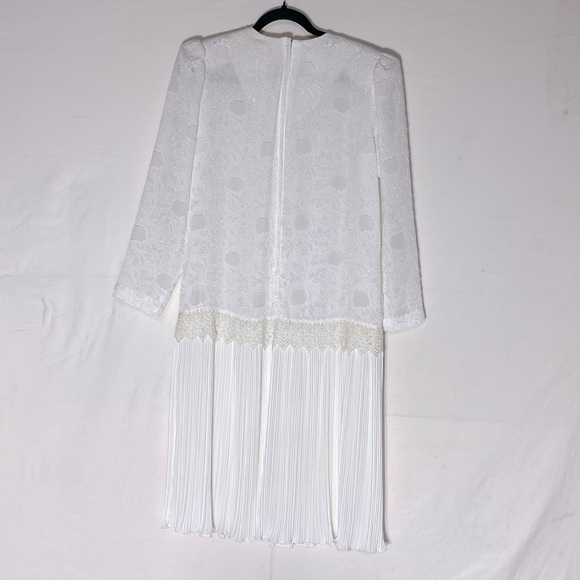Vintage White Long Sleeve Pleated Midi Shift Bride Mother Of The Bride Dress M - Picture 2 of 16